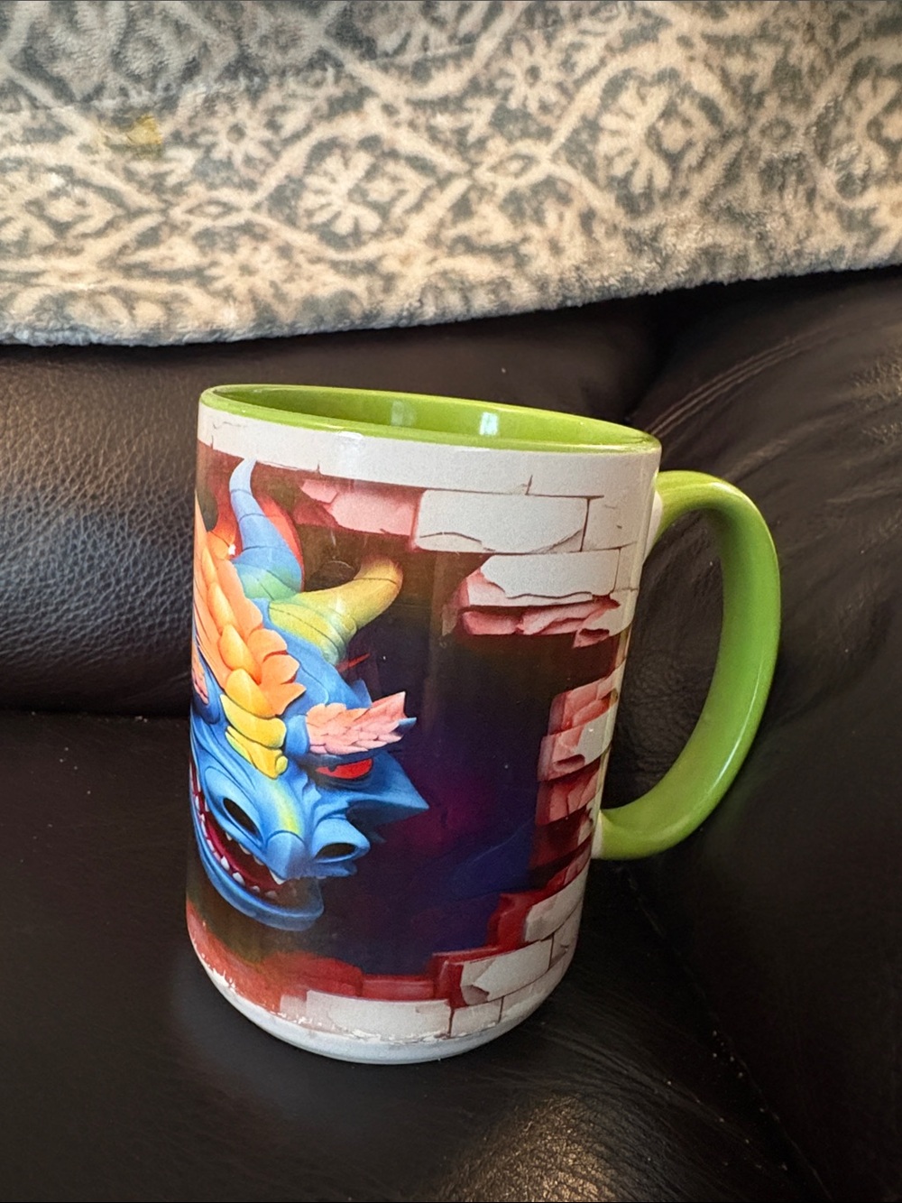 Colorful Dragon Art 16 ounce  Ceramic Mug - Green Interior Blue Dragon